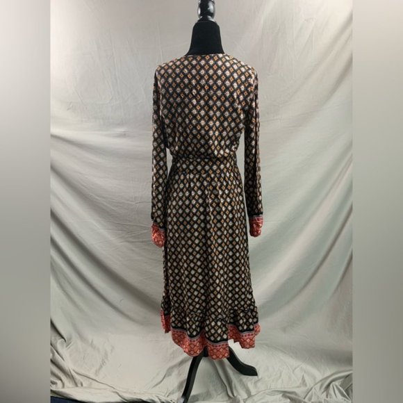 Diamond-Floral Print Lantern Sleeve Overlap Collar Belted Dress - Picture 9 of 9